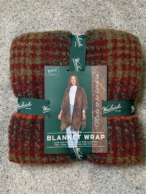 Woolrich Plaid Plush Blanket Wrap in Olive & Rust